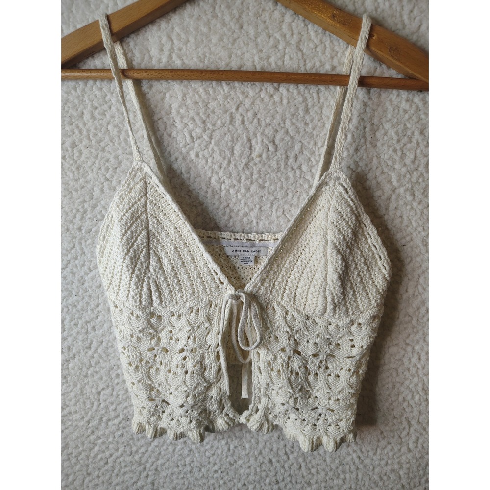 American Eagle Crochet Cami Top Ivory Cream Boho Tie Front Knit Crop Small